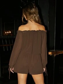 Forever 21 棕色露肩休閒長袖雪紡連身褲 - 棕色 - 查看 2