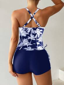 Swim Lushoire Conjunto de top y pantalón tipo tankini con estampado de palmeras, estilo vacacional, incluye chaleco y top de tirantes para mujer en verano