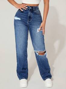 SHEIN PETITE High Waist Ripped Straight Leg Jeans For Dailywear