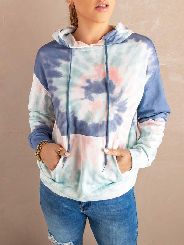 Modischer Kapuzenpullover für Damen mit Batikmuster, langärmeligem Kapuzenpullover mit Kordelzug und Taschen