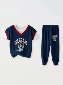 SHEIN Conjunto de 2 piezas JovenDeportivo estilo casual urbano con chaleco estampado y pantalón largo, adecuado para uso diario, viajes, ejercicio, primavera y verano, actividades al aire libre y de vuelta a la temporada escolar - azul real - Ver 3
