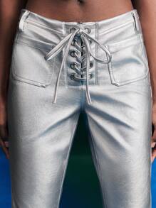 Alice McCall 设计师款女式系带喇叭腿 PU 皮裤，适合夏季、假日、节日 - 銀色 - 查看 5