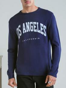 RueChic Men's Basic Casual Style Knitted Sweater With English Floral Pattern And Slim Fit - Navy Blue - View 4