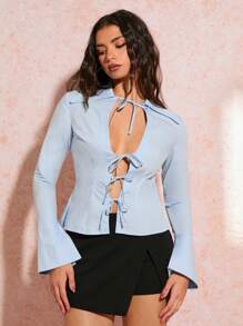 SHEIN BAE 海軍藍返校穿搭，簡約休閒高街風打結長袖女襯衫，休閒女裝襯衫，秋季服裝，純色襯衫，性感襯衫 - 藍色 - 查看 3