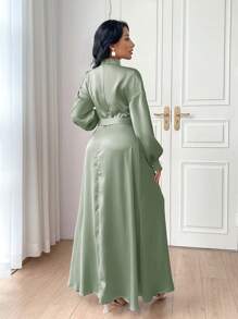 Modelyn Solid Mock Neck Dress Without Belt For Dailywear Long Evening Dresses - Green - View 2