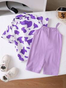 SHEIN Summer Anti-Wrinkle Camp Collar Shirt For Infants, Girls Floral Half Sleeve Button Down Top - Purple - View 2