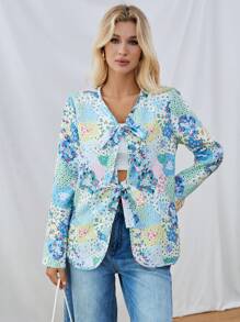 SHEIN Essnce Veste régulière pour femmes imprimé de patchwork floral avec lien de poitrine avant - Multicolore - Voir 5