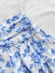 Soleia 复古花卉印花荷叶边迷你裙，分层下摆，女士休闲度假/返校装，夏季 - 藍白色 - 查看 4