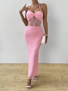 Allurite Vestido formal de verano con cuello halter y encaje de contraste