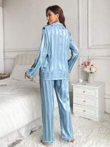 Moireta Striped Jacquard Women's Pajama Set - Dusty Blue - View 2
