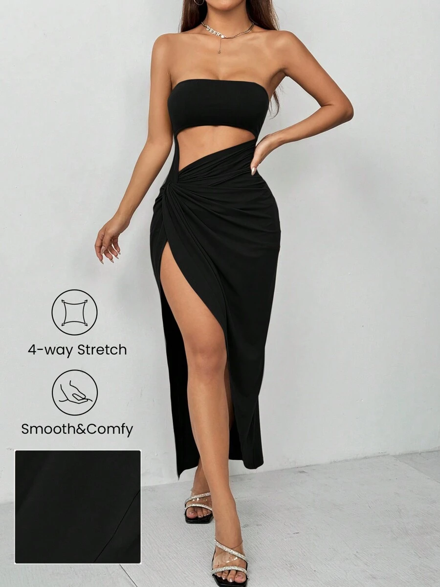 SHEIN PETITE Vestido elástico con corte, frontal retorcido y abertura alta en el muslo