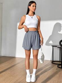 SHEIN MOOSTA Women Summer Solid Paperbag Waist Wide Leg Flowy Shorts - Grey - View 3