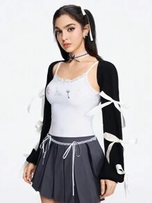 ROMWE Kawaii Girls' Casual Layered Cute Bow Tie Decorated Cover Up With Lantern Sleeves And Open Front, Sunscreen And Air-Conditioned Cover Up - Black - View 5