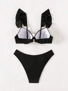 SHEIN Swim 女士夏季海灘比基尼套裝，3D花裝飾和性感頸後綁帶 - 黑色 - 查看 4