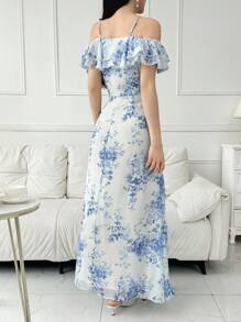 Modelyn 花卉印花露肩荷叶边雪纺长裙长款晚礼服 - 彩色 - 查看 3