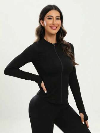 Women Slim Fit Long Sleeve Black Full-Zip Yoga Jacket - Breathable, Moisture-Wicking, And Quick-Drying Activewear For All Seasons - Soft, Slight Stretch, And Hollow Design For Ultimate Comfort