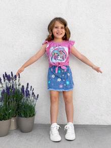 SHEIN Kleine Mädchen Denim Rock mit Muster, Nieten und gewaschenem Effekt, ideal für einen süßen und verspielten Urlaubslook