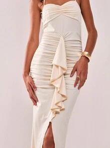 MUSERA Floral Slinky Ruched Frill Maxi Dress Elegant Spring Summer Vacation Wedding Guest Bridal Bachelorette Hen Do Wedding - Cream - View 3