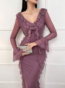 Modelyn Vestido con mangas acampanadas y ribete de volantes para el verano - Rosa - Ver 6
