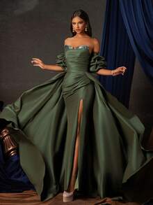 Smilprince 露肩高端长款收腰晚礼服，优雅正式舞会婚礼宾客礼服，适合毕业典礼、晚宴派对礼服 - 軍綠色 - 查看 7