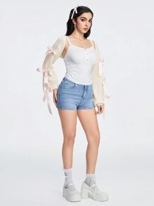 ROMWE Kawaii 青少年女孩休闲分层可爱蝴蝶结腰带装饰灯笼袖罩衫、防晒和空调罩衫、学校