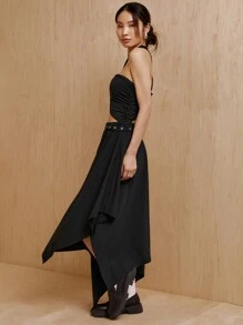 MONSE Mathilde Lhomme 设计师款不对称中长裙，配长腰带，适合夏季、假日、度假、节日 - 黑色 - 查看 7