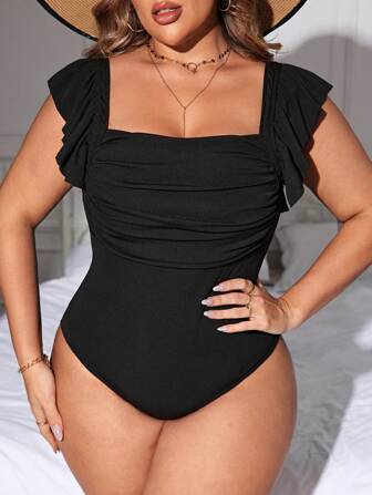 Swim Lushoire Plus Size Solid Ruffle Trim One Piece Swimsuit For Summer