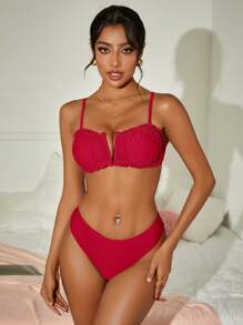 SHEIN Swim 女士純色拉皺束胸比基尼套裝，分體式下褲，夏季海灘泳裝 - 紅色 - 查看 4