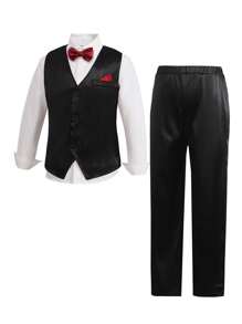 SHEIN 2入組男童休閒背心套裝，包括長褲及蝴蝶領結，適用於日常穿著、學校、旅行、婚禮、正式場合，適合秋冬春夏四季 - 黑色 - 查看 1