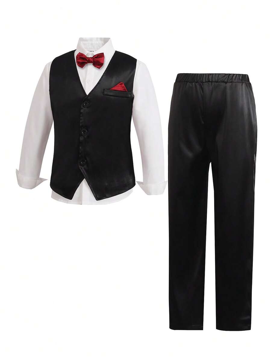 SHEIN 2入組男童休閒背心套裝，包括長褲及蝴蝶領結，適用於日常穿著、學校、旅行、婚禮、正式場合，適合秋冬春夏四季 - 黑色 - 查看 1