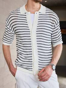 Manfinity Homme Men Striped Pattern Drop Shoulder Knit Top - Black and White - View 1
