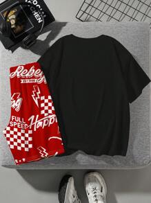 SHEIN Tokyo Racing, Tween Boys' Casual And Simple White Racing Car Printed Short Sleeve T-Shirt And Shorts Set, Suitable For Summer - Multicolor - View 3