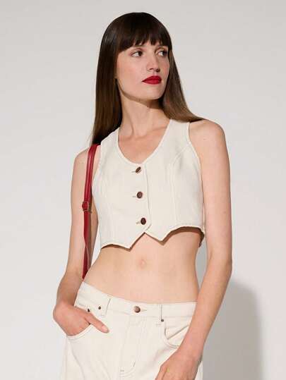 WESTFADE 优质 100% 纯棉无弹力短款牛仔背心