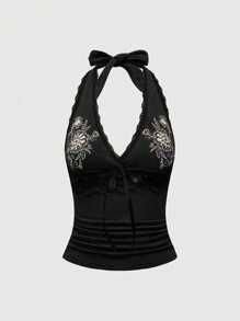 ROMWE Hippie 女士夏季花卉刺繡蕾絲拼接前綁帶綁頸背心