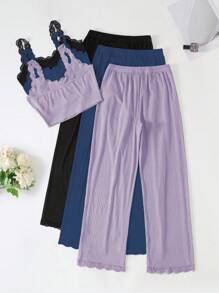 Set de 3 Conjuntos de pijama y ropa de descanso para mujer con top de tirantes de encaje y pantalones, para vacaciones