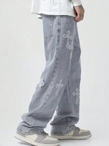 ROMWE MEN 男士十字图案直筒牛仔裤，学校款 - 藍色 - 查看 3