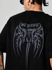 Manfinity Streetrush Conjunto de camiseta casual de manga corta con cuello redondo estampado de alas de verano para hombre y pantalones cortos con cintura con cordón