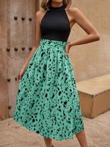 Chiquease Graphic Print Halter Neck Backless Dress For Summer - Green - View 5