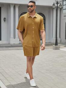 Manfinity Homme Men Allover Print Shirt & Shorts For Summer - Brown - View 6