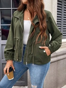 SHEIN LUNE Plus Size Green Drawstring Waist Zip Up Coat For Dailywear Fall/Fall Back To School Fall Clothes For Autumn & Winter With Pockets Winter Clothes - Army Green - View 4