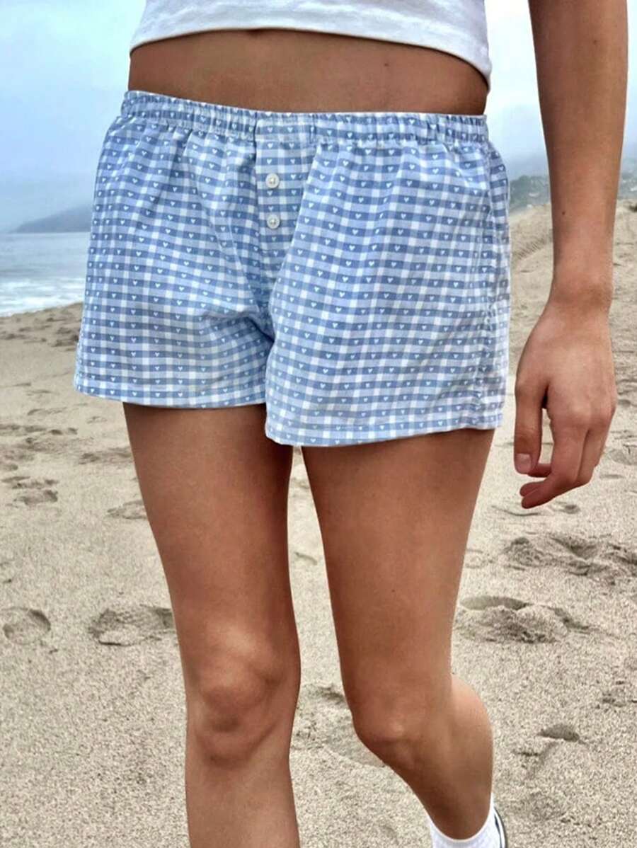 女款格紋印花簡約休閒短褲 - 彩色 - 查看 1