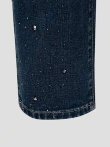 SHEIN Vintage Y2K Tween Girl Rhinestone Studded Detailed Wide Leg Jeans, Fashionable And Versatile - Medium Wash - View 6