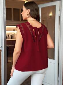 Reflora Plus Contrast Lace Tie Back Elegant Blouse For Summer - Burgundy - View 2