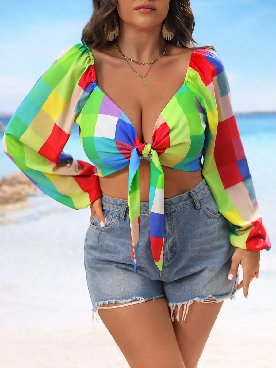 INAWLY Plus Size Xuân/Hè Áo sơ mi tay dài kẻ sọc kẻ sọc đơn giản có dây buộc - Nhiều màu - Xem 1