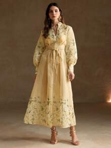 Anewsta 法式風格花卉印花女式長款假日連衣裙 - 彩色 - 查看 6