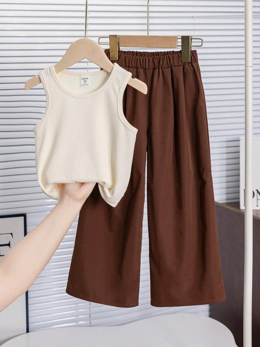 2pcs Young Girl Casual Set, Top & Wide Leg Pants Brown Young Girls Setspants And Top Set - Apricot - View 1