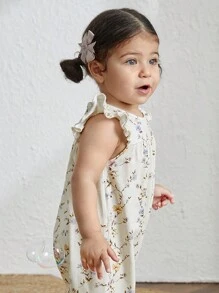 Cozy Pixies Baby Girl Knitted Floral Pattern Soft Round Neck Sleeveless Jumpsuit With Ruffled Waistband