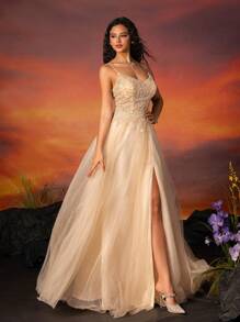 VIPGIRL Elegant Champagne Spaghetti Strap Beaded Tulle High-Slit Gown For Women, Long Formal Evening Dresses For Prom, Party, Wedding Guest, Graduation, And Dinner - Rượu sâm banh - Xem 6