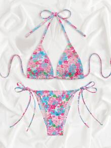 Swim Mod Bộ Bikini Nữ Thắt nút Thêu Smock Hoa - Nhiều màu - Xem 3