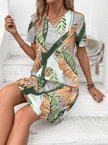 INAWLY Women's Summer Holiday Casual Plant Printed Short Sleeve Dress